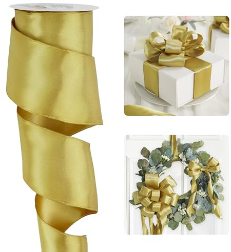 HUIHUANG Gold Satin Wired Ribbon 2.5 inch Gold Christmas Wire Ribbon for Wreaths, Garland, Bows, Gift Wrapping, Holiday Decorations, Home Decor, Christmas Tree, Crafts-Continous 10 Yards