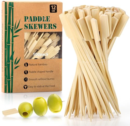 Aodaer 100 Pieces Bamboo Paddle Skewers 12CM Natural Wooden Cocktail Sticks BBQ Skewers Food Picks for Barbeque, Kebabs, Cocktails Buffet Party