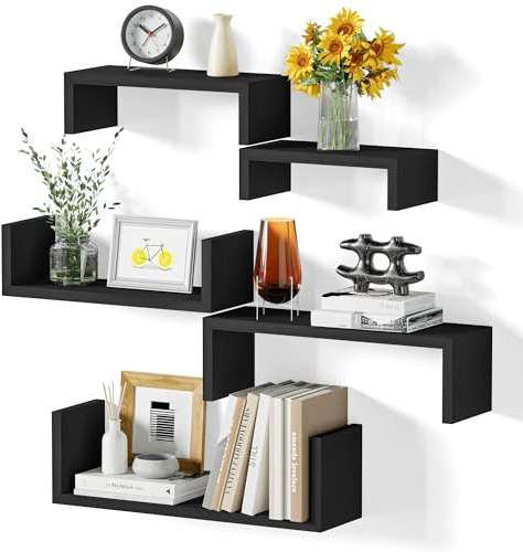 SRIWATANA Estantería de Pared Negra, 5 Unidades, estantería de Madera Flotante, Carga máxima de 40 kg, decoración de Pared, para salón, baño, Dormitorio, Oficina, Cocina (Negro Puro)
