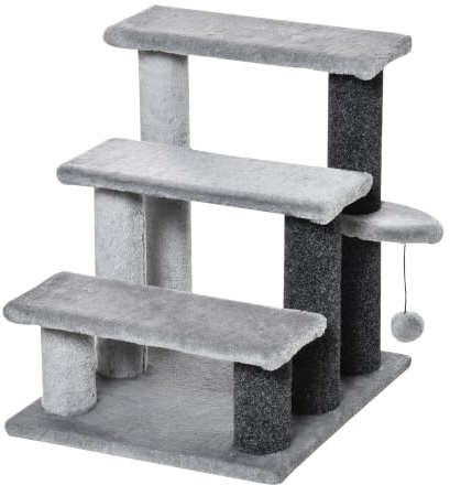 PawHut Escaleras para Gatos de 3 Escalones Escaleras para Mascotas Árbol Rascador para Gatos Pequeño con Poste Rascador Bola Colgante 45x40x48 cm Gris