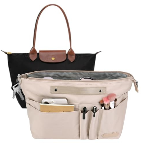 GADITIEK Bag Organiser for Longchamp Le Pliage Medium, Handbag Organiser Insert with Zipper and 15 Pockets for Women Tote Bag (Beige, M)