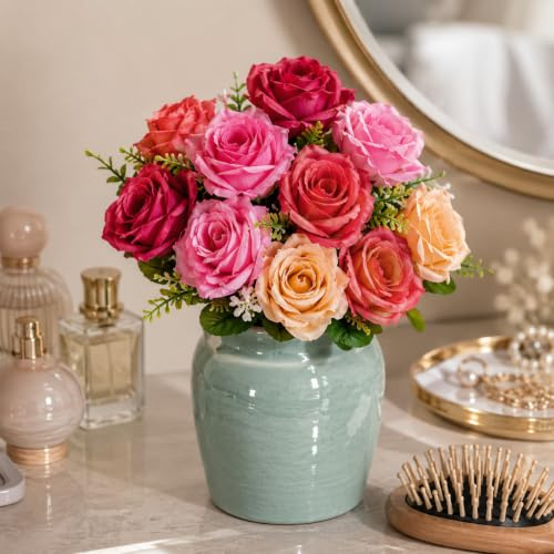 astylishome Artificial Flowers Indoor 21 Bundles Rose Outdoor UV Resistant Plants Faux Flower Greenery Indoor Outside Planter for Home Wedding Office Table Decoration Gift Red 1920