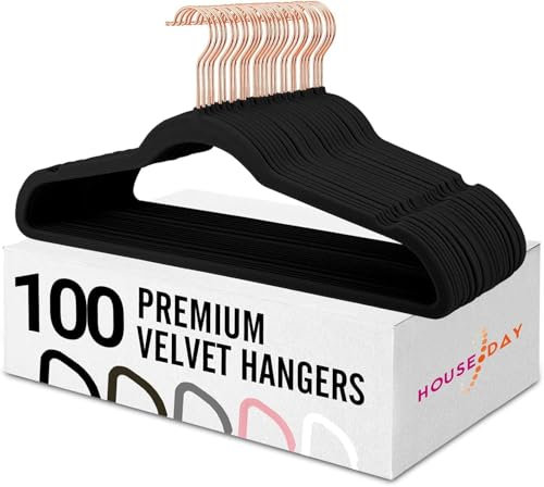 HOUSE DAY 100 Stück Kleiderbügel Samt Schwarz, Hosenbügel Platzsparend, Anzugbügel, Dünne Kleiderbügel rutschfest, 360° Drehbarer Haken, Samtbügel für Kleider, Trägertops, Schwere Kleider- Schwarz