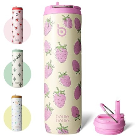 BOTTLE BOTTLE Botella de agua de acero inoxidable con aislamiento, 750 ml, con pajita, tapa y asa, a prueba de fugas, sin BPA, doble pared, ideal para deportes, viajes y fitness (dulce baya)