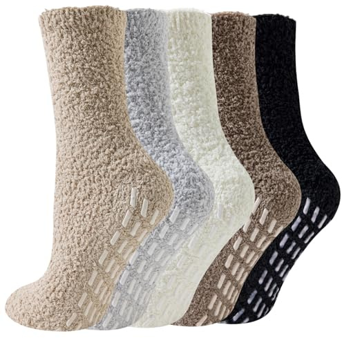 Hocerlu 5 Pairs Slipper Socks Women - No Slip, Soft Cosy Winter Fuzzy Warm, Ladies Fluffy Thermal Grip Bed Socks, Size UK 4-8