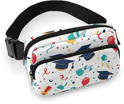 Graduation Cap Balloon Print Fanny Packs Crossbody Bags for Women, Fashion Waist Belt Bag Fanny Pack