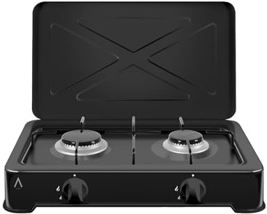 ALPHA Placa de Gas Portátil URANO, Negro. Hornillo de 2 Fuegos, Bloqueo de Seguridad. **Alta Gama**
