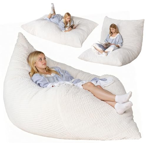 nalone 6.4 FT Giant Bean Bag Chair for Adults, 4 in 1 Memory Foam Filled Beanbag Chair, Floor Sofa Bed with Fluffy Washable Flannel Cover, Lounge Couch for Bedroom, Living Room (White)