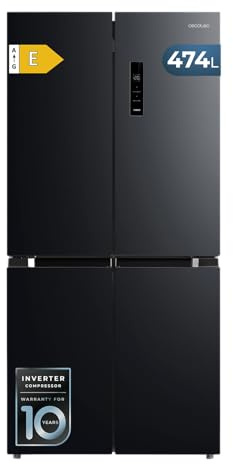 Cecotec Frigorifero 4 Porte Total No Frost di 474L Bolero CoolMarket 4D 474 Dark E. Altezza 177,5cm, Larghezza 83,3cm, Classe E, Silenzioso, Illuminazione LED, Compressore Inverter Plus, Inox Nero