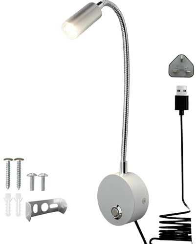 Fulkued Reading Light Wall Mounted Dimmable,LED Wall Lamp Bedside Lamp with Switch Touch,Flexible Gooseneck Bed Light,360° Swing,USB Charging for Bedside,Bedroom,Motorhome