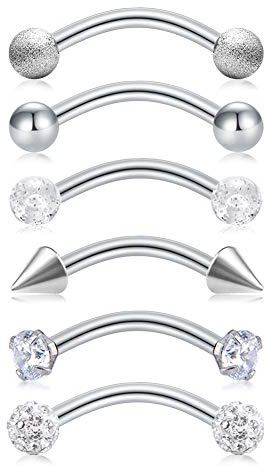 Longita Piercing Banane Arcade Rook Tragus Boucles D'oreilles Courbe Barbell 16G Acier Chirurgical Sourcil Levre Nombril Anneaux Septum Cartilage Helix Conch Oreille Piercing Bijoux 6 Pi¨¨ces-Argent