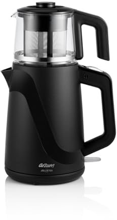 ARZUM JOLLIETEA TEEMACHER, Teekocher, 1650W, 2 lt. Wasserkocher, 1 lt. Fassungsvermögen Teekanne aus Glas, verdeckter Widerstand aus Edelstahl, 360-Grad-Drehung, kabellose Verwendung - Schwarz