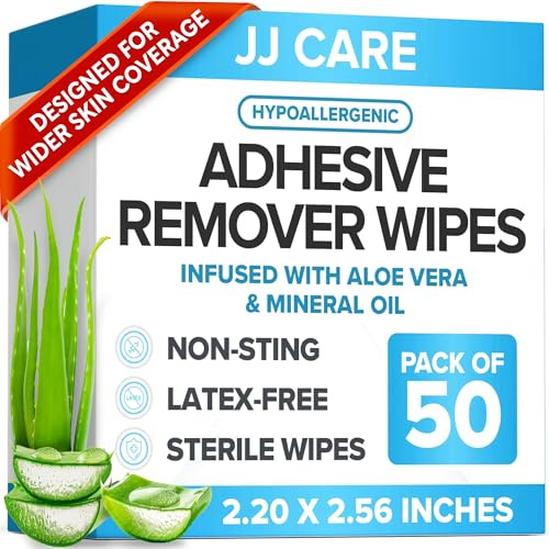 Adhesive Remover Wipes (Pack of 50) 2.2” x 2.56 Inches, Adhesive Remover for Skin, No Sting Medical Adhesive Remover, Ostomy Adhesive Remover for Sensitive Skin - Individually Packed