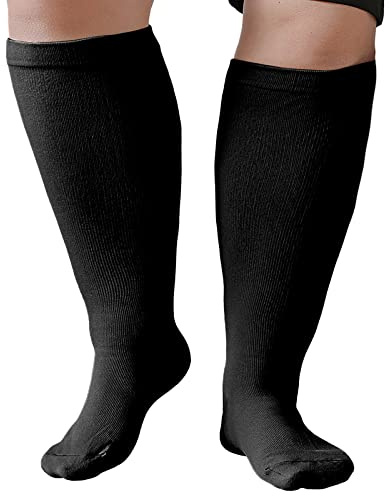 ZFSOCK Wide Calf Compression Socks: Men Women Plus Size Medical Support Stockings Flight Socks for Varicose Vein Knee High Pressure Socks Swollen Legs Nurses Travel Running Sports Black 2XL 1 Pair