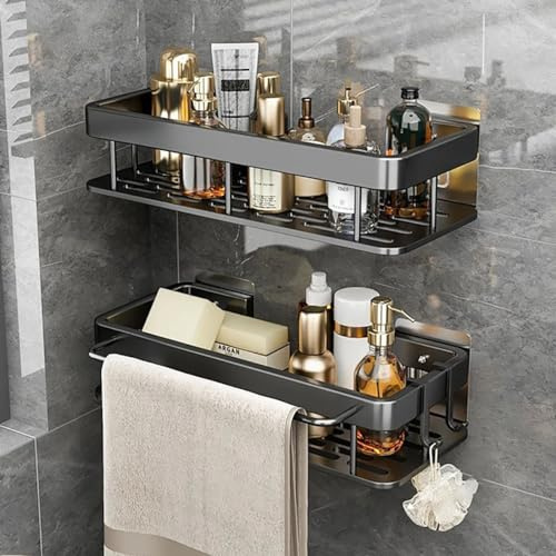 HSIULMY Shower Organiser No Drilling, Black Bathroom Caddy Stick On Shower Shelves, 2 Pcs Large Capacity Self Adhesive Bathroom Accessories with Removable Towel Holder