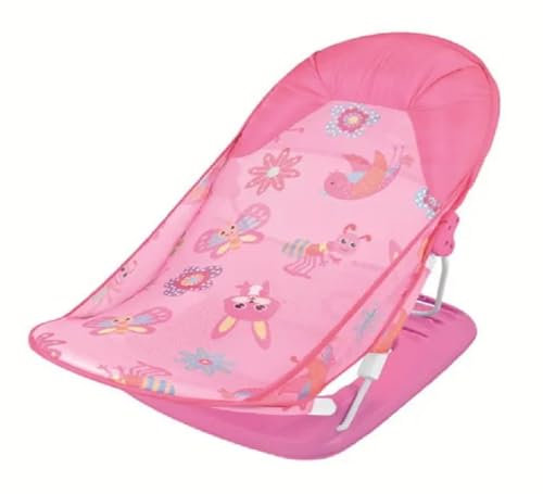 LEOM Baby Bath Chair Seat with Soft Cushion, Baby Girl Bather, Baby Bath Support Recline 3 Postion Easy Bath Cradle Portable, Foldable, Suitable for Home & Travel, Sealife Dolphin Print (Pink)