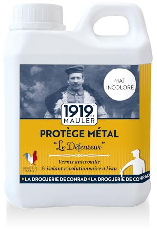 1919 by MAULER - Vernis Métal Antirouille Le Défenseur - Mat Incolore - 0,5L - Multisupport intérieur/extérieur – Fer, Cuivre, Laiton – Résiste à l’Usure, Chocs et Intempéries