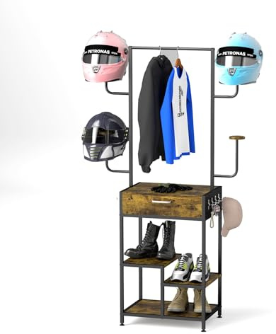 tonchean Motorcycle Helmet Stand with Drawer | Wooden Metal Motorbike Helmet Holder Rack, Multifunctional Free Standing Clothing Stand
