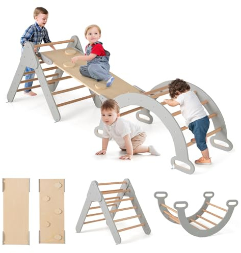 GOPLUS 7 en 1 Triángulo de Escalada para Niños de 1 Año, Montessori Escalador con Tobogán Rampa Arco, Juguetes de Escalada de Madera, Slide Aprendizaje para Guardería Casa, Carga 50 kg (Gris Natural)