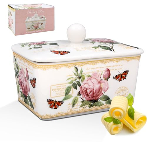 The Leonardo Collection Redoute Rose Butter Dish By Pierre-Joseph Redoute | Elegant Ceramic Covered Dish with Classic Floral Design | Perfect for Breakfast Table or Display | Timeless Gift Idea