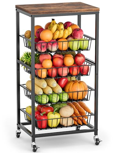 Venkuber Fruit Vegetable Cart, 4-Tier Snack & Kitchen Cart on Wheels with Storage, Pull-Out Baskets & Wood Top, Rolling Organizer for Pantry, Living Room (Brown)