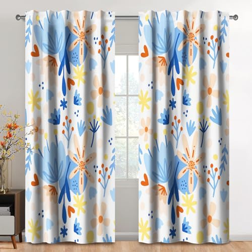 Kzzfqxb 117x138cm Cortinas Florales de 2 Paneles, Delicado Tulipanes Azules, Margaritas Beige y Flores Amarillas draperías para Ventanas, decoración Elegante para Sala de Estar Dormitorio y Comedor