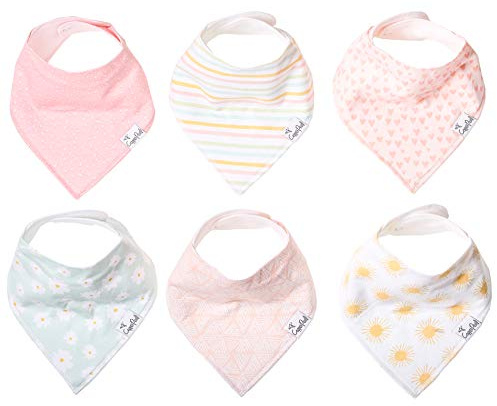 Copper Pearl 6 Pack Soft Cotton Baby Bibs for Drooling and Teething, Absorbent Drool Bibs for Baby Girl, Adjustable to Fit Newborns to Toddlers, Tons of Styles (Sunny Set)