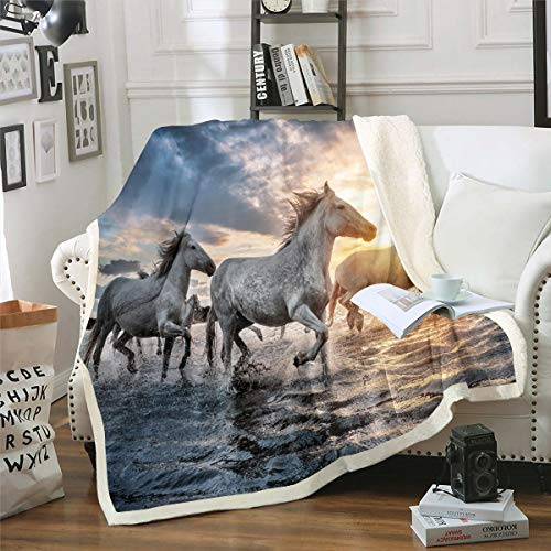 Horse Fleece Throw Blanket for Sofa Couch Bed Galloping Horses Printed Warm Plush Blanket Decorative Chic Sunset Scenery Sherpa Blanket 3D Wild Animal Pattern Fuzzy Blanket Baby 30x40