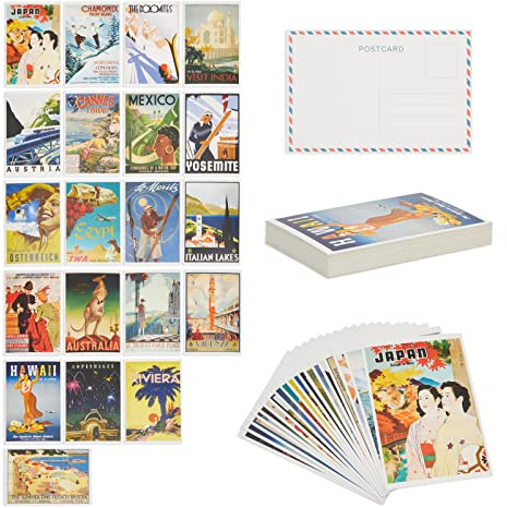 Pipilo Press Travel Postcards Vintage Bulk Set - 4 x 6 Inch, 40 Pack, Multicolor - Retro Travel Postcards for Mailing & Decor