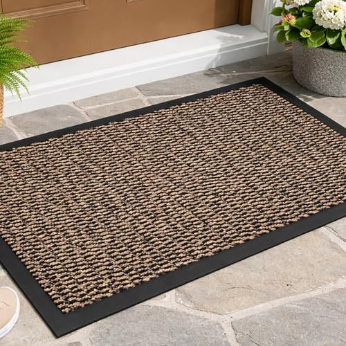 GULLAMBO Door Mats Indoor/Outdoor Absorbent, Non-Slip, Washable Door Mat for Back & Front Door, Patios- Stylish Low Profile, Rubber Backed Dust & Dirt Trapping Doormat, Brown