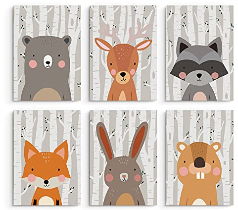 Hambient Poster Kinderzimmer - Bilder Babyzimmer Deko, Junge, Mädchen - Wandbilder, Kinderposter, Dekoration - 6er Bild Set (21 x 30 cm - Ohne Rahmen, Tiere Wilde Wald)
