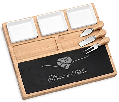 Maverton Tagliere per formaggio e salumi - rettangolare - piatto da formaggio - in ardesia e bambù - incisione personalizzata - set 3 posate - pensiero speciale anniversario - amore