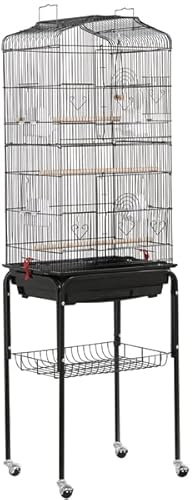 Abician Cage à Oiseaux en Métal de 150,5cm de Haut, Grande Cage à Perruche sur Pied à roulettes, Toit Ouvert, Plateau Coulissant, 4 Mangeoires, Perruche, Perroquet, Canari, Cockatiel Noir
