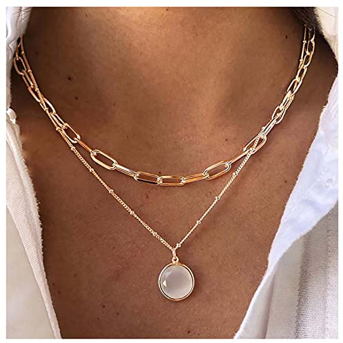 Cimenexe Bohème Geschichtet Opal Halskette Runde Mondstein Anhänger Halskette Kette Gold Büroklammer Link Kette Halskette Punk Büroklammer Halskette Schmuck Für Frauen Und Mädchen Geschenke