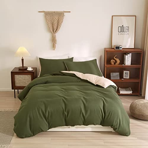 Ruccit Army Green&Cream Duvet Cover Set Double Reversible Green and Cream Bedding Set Soft Brushed Microfiber Duvet Cover with 2 Pillowcase,Zipper Closure,Fade-resistant