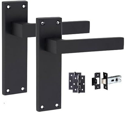 Golden Grace Victorian Straight Delta Door Handles Latch in Matt Black with 1 Pair of 3 Ball Bearing Hinges & Latches Pack, 1 Set - 150mm x 40mm Backplate