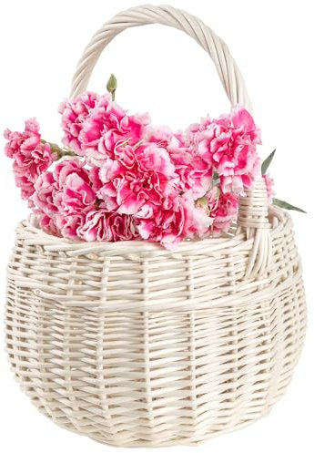 Creative Home Cesta de Mimbre Navidad Pequeña con Asa Blanca | 22 x 22 x 26 cm (+/- 2cm) | Regalo Picnic Plantas Almacenaje Decoración | Tejida a Mano | Marrón Natural | Multiuso, Práctica y Duradera