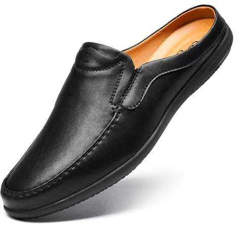LUODENGLANG Men’s Slip-On Loafers Handmade Leather Slippers Breathable Comfortable Soft Hand Stitched no-heel Casual Shoes For Men Black 46 M 11