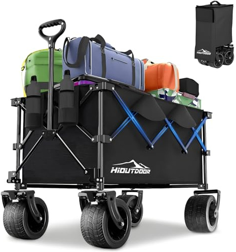 Hioutdoor Faltbarer Bollerwagen 4-Fach Zusammenklappbar, 200L Kapazität, 180KG Traglast, 9x16 cm All-Terrain-Räder, Verstellbarer Teleskopgriff Klappbarer Handwagen für Garten,Camping,Outdoor Schwarz