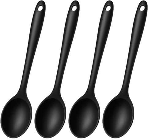 4 Serving Spoons, Silicone Spoons for Cooking, Heat-Resistant Kitchen Spoons for Baking Stirring and Coffee Scooping, 27.3 X 5.8 Cm, Black