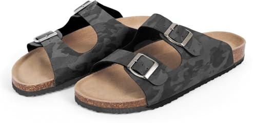 PERLETTI Ciabatte Estive Uomo Doppia Fibbia - Ciabatta Estate Mare da Casa Comode Leggere Regolabili - Pantofole Comfort Quattro Stagioni Soletta Vera Pelle Fantasia Mimetica (Grigio Camouflage, 42)