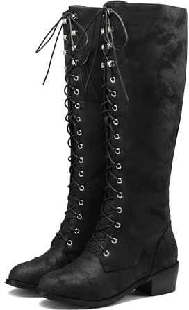 BEAUPAS Women's Knee High Combat Boots Lace Up Low Heel Military Tall Boots(Black PU,8)