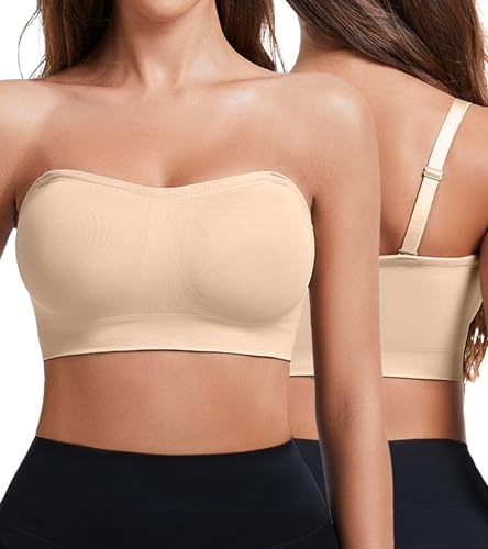 Miguofan Women's Strapless Bra Seamless Bandeau Non-Slip Multiway Convertible Padded Bra with Removable Straps (UK, Alpha, L, Regular, Regular, Nude)