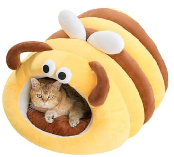Cat Cave Bed, Soft and Thick Rebound Sponge Pet Nest with Removable & Washable Cushion, Cute Bee Design for Cats and Small Dogs, Anti-Slip Bottom (Medium)