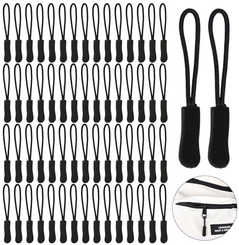 GYIOFAI 60 Piezas Tiradores de Cremallera, Ropa Deportiva Reemplazo de Etiqueta de Extensión de Cremallera de Nylon Zipper Pull Replacement para Chaqueta Bolsos Mochilas (Negro)