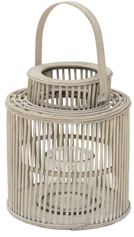 ECD Germany Lykta i Bambu H 40,5 cm med Handtag, Glasinsats, Boho Stormlykta i Flätad Bambu, Ljushållare för Inomhus och Utomhus, Dekoration för Trädgård, Balkong och Vardagsrum Inredning Dekor Hem
