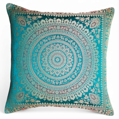 Original Kikan Indian patchwork mandala sari ethnic silk Banarsi cushion covers mandala 16x16 (teal)