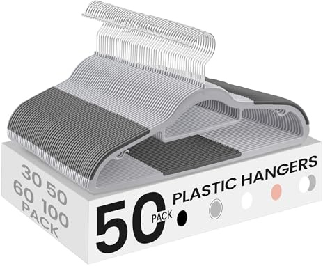 SONGMICS Pack of 50 Coat Hangers, Space-Saving Plastic Clothes Hangers, Non-Slip, 0.2 Inches Slim, 16.5 Inches Wide, 360° Swivel Silver Hook, Light Gray and Dark Gray UCRP20G50