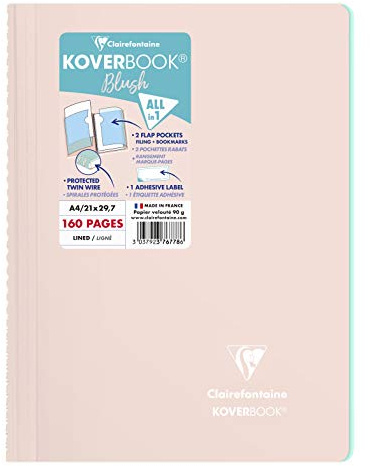 Clairefontaine 376778C - One Spiral Notebook Koverbook Blush Powder Pink - A4 21x29,7 cm - 160 Lined Pages - White Paper 90 g - Wraparound Polypro cover