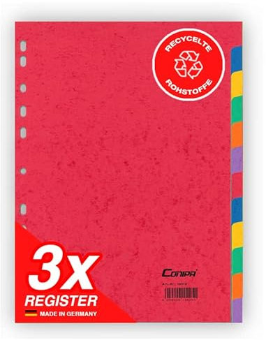 Conipa® - 3er Set 12 Farben Taben Register für Ordner DIN A4 (MADE IN GERMANY) - Ordner-Registerblätter & Trennblätter KARTON (Universallochung) - Trennregister & Trennstreifen Akten & Hefter (Rot)